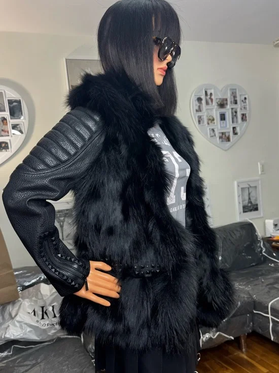 Black Genuine Raccoon Fur Trim Quilted-Sleeve Leather Jacket for Women - Picture 2 of 4